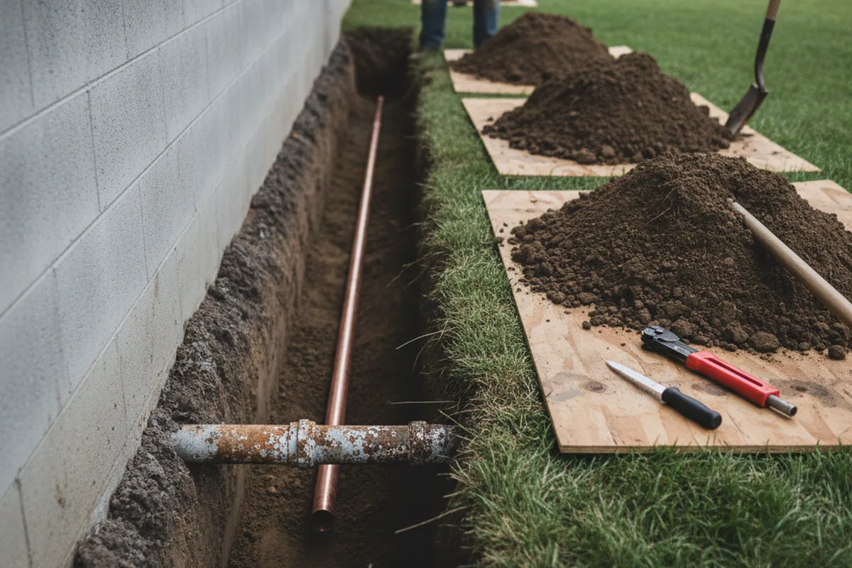 Excavated water line trench during Water Softener Installation in Theriot